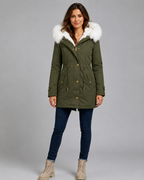 Fur Trim Hooded Long Parka with Drawstring Waist