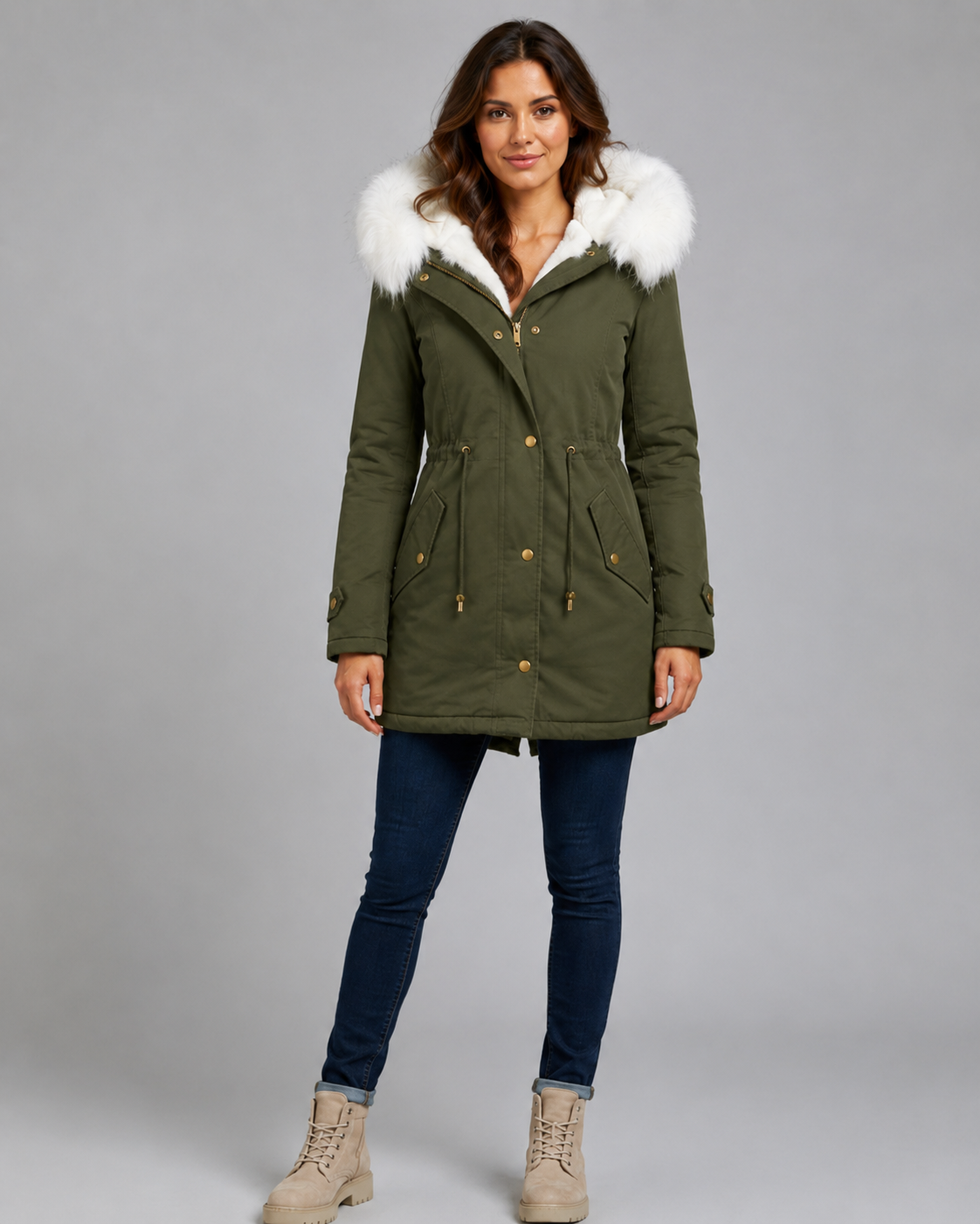 Fur Trim Hooded Long Parka with Drawstring Waist