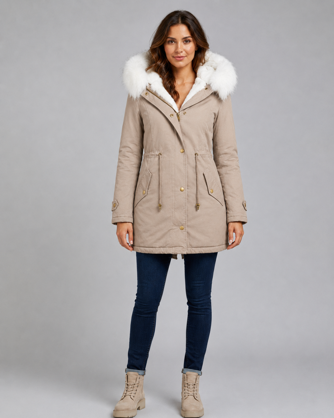 Fur Trim Hooded Long Parka with Drawstring Waist