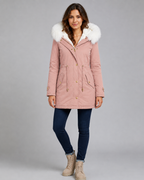 Fur Trim Hooded Long Parka with Drawstring Waist