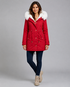 Fur Trim Hooded Long Parka with Drawstring Waist