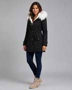 Fur Trim Hooded Long Parka with Drawstring Waist