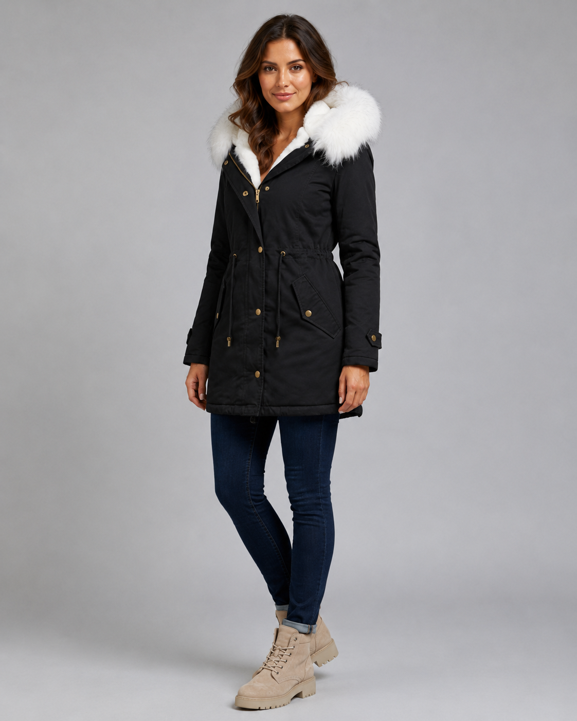 Fur Trim Hooded Long Parka with Drawstring Waist