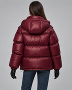 Glossy Burgundy Hooded Puffer Jacket - Short Funnel Collar
