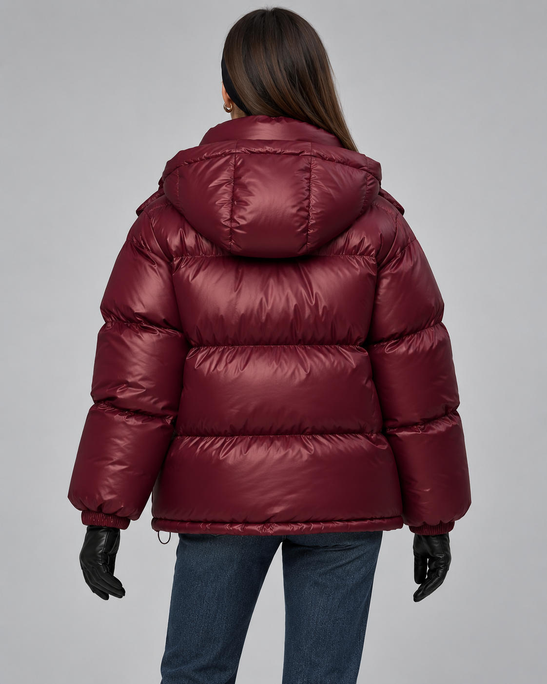 Glossy Burgundy Hooded Puffer Jacket - Short Funnel Collar