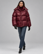 Glossy Burgundy Hooded Puffer Jacket - Short Funnel Collar