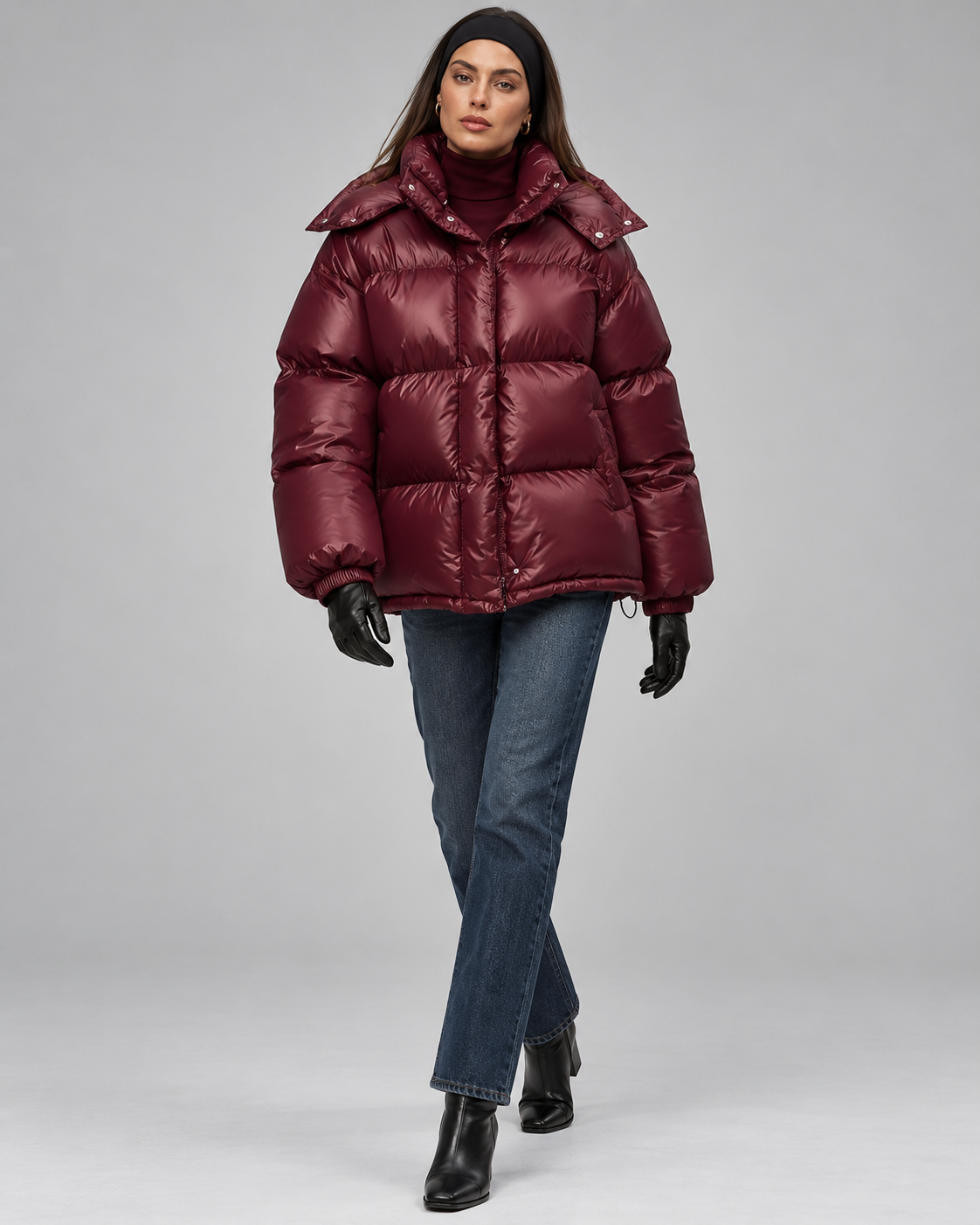 Glossy Burgundy Hooded Puffer Jacket - Short Funnel Collar