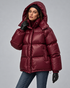 Glossy Burgundy Hooded Puffer Jacket - Short Funnel Collar