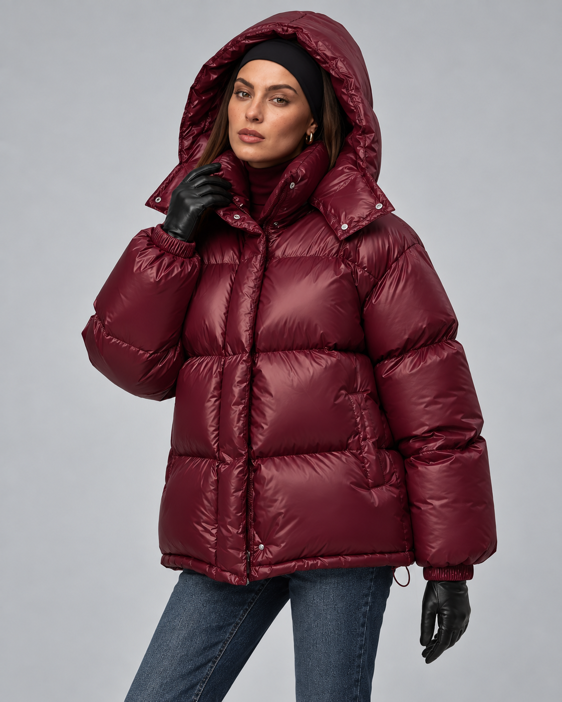 Glossy Burgundy Hooded Puffer Jacket - Short Funnel Collar
