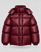 Glossy Burgundy Hooded Puffer Jacket - Short Funnel Collar