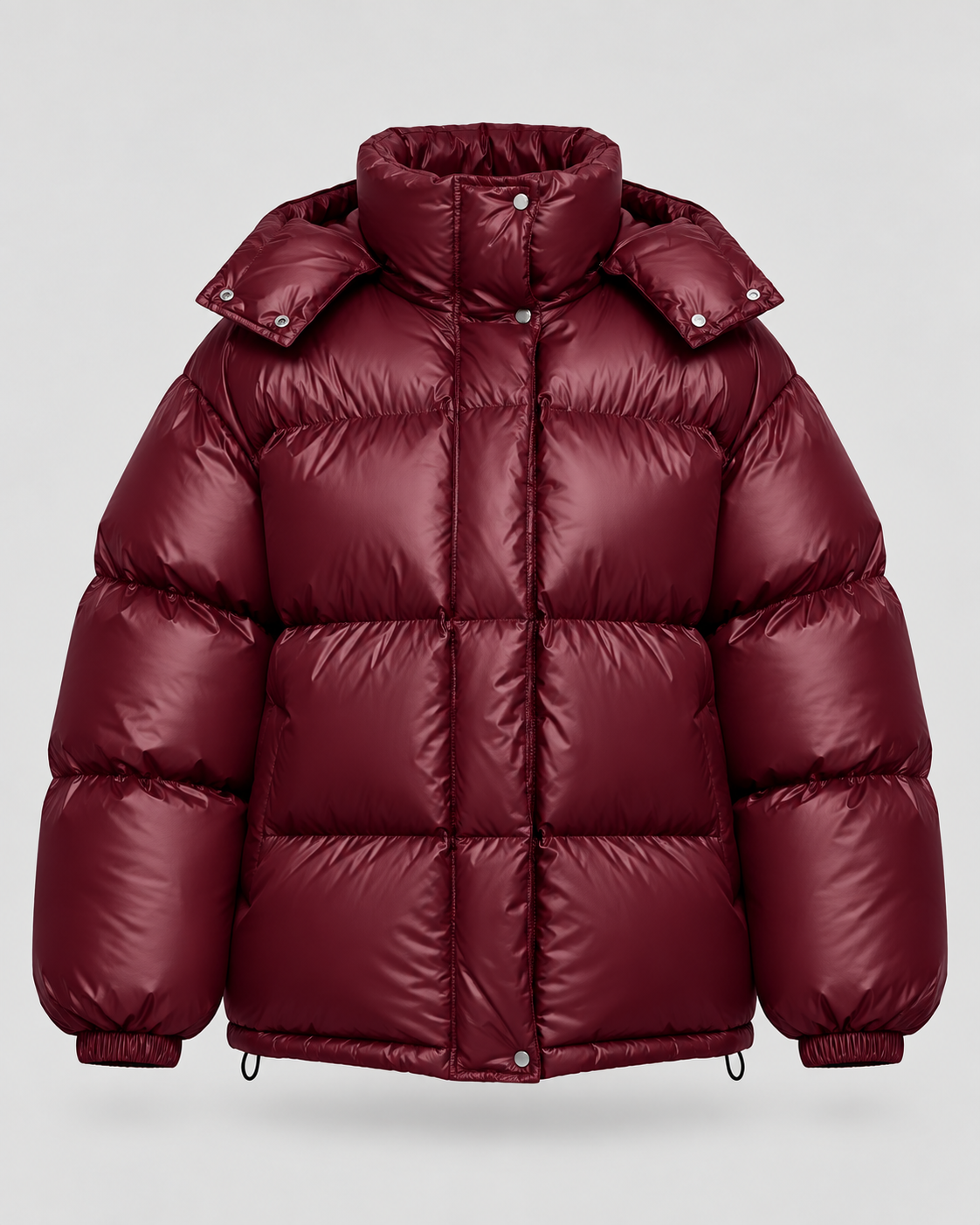 Glossy Burgundy Hooded Puffer Jacket - Short Funnel Collar