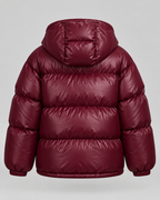 Glossy Burgundy Hooded Puffer Jacket - Short Funnel Collar
