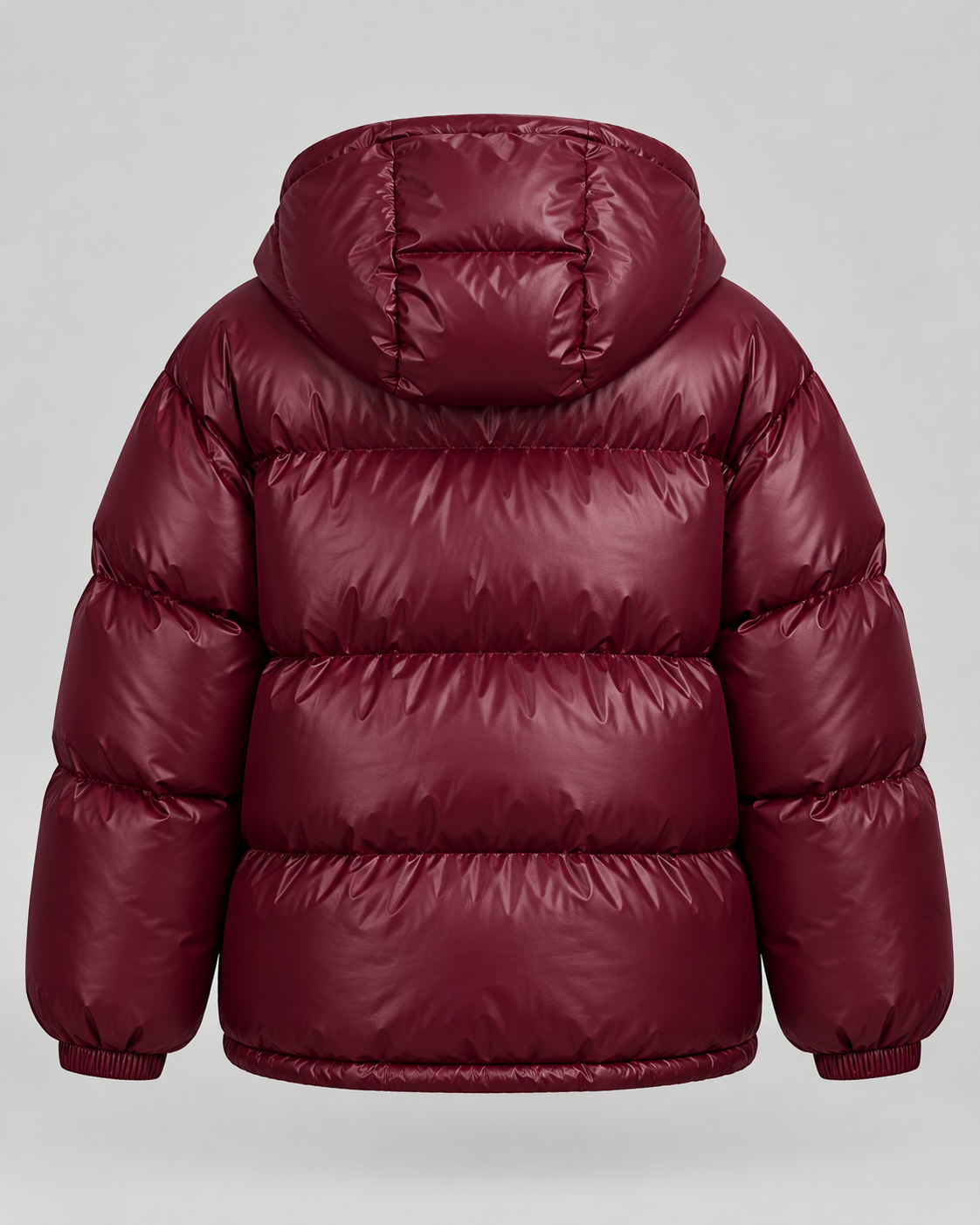 Glossy Burgundy Hooded Puffer Jacket - Short Funnel Collar