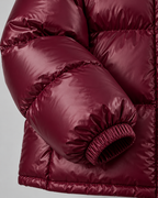 Glossy Burgundy Hooded Puffer Jacket - Short Funnel Collar