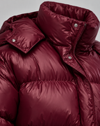 Glossy Burgundy Hooded Puffer Jacket - Short Funnel Collar