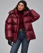 Glossy Burgundy Hooded Puffer Jacket - Short Funnel Collar