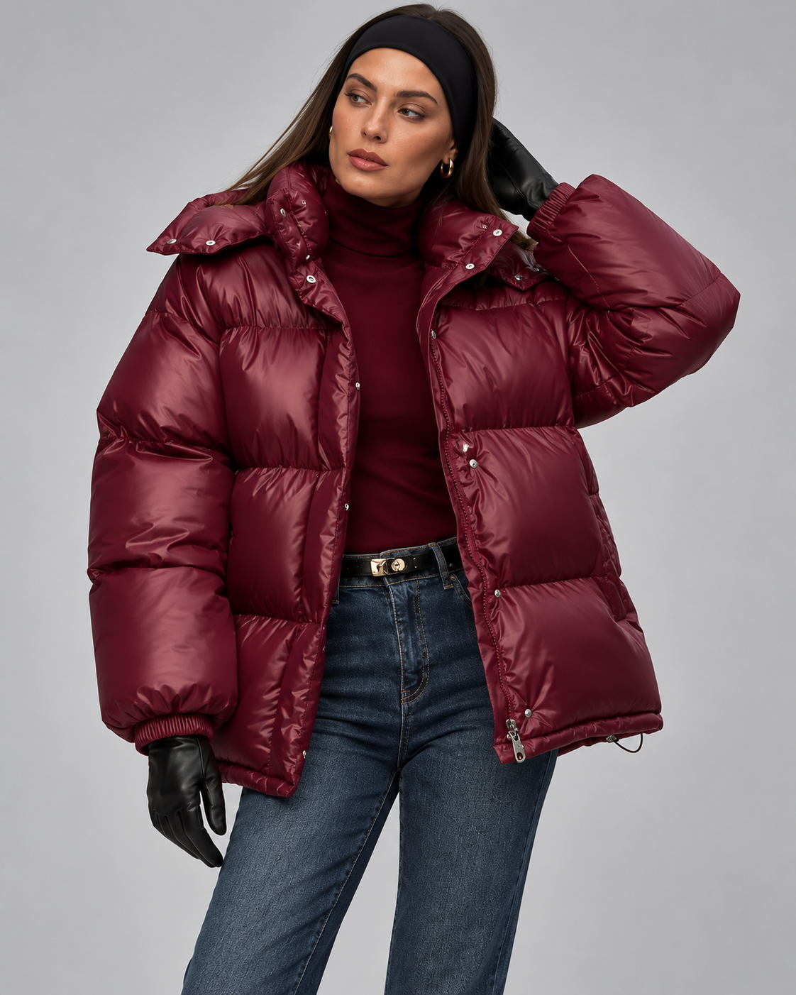 Glossy Burgundy Hooded Puffer Jacket - Short Funnel Collar