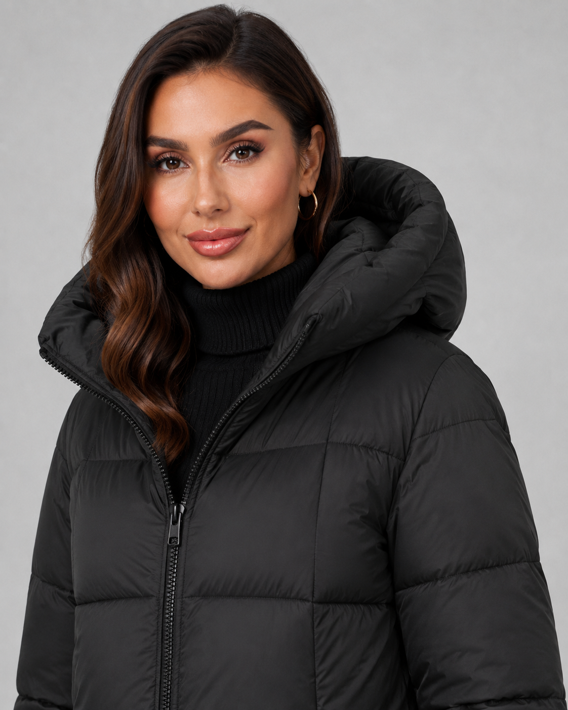 Long Hooded Quilted Puffer Coat - Knee-Length