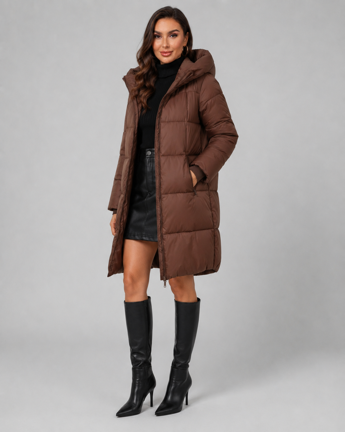 Long Hooded Quilted Puffer Coat - Knee-Length