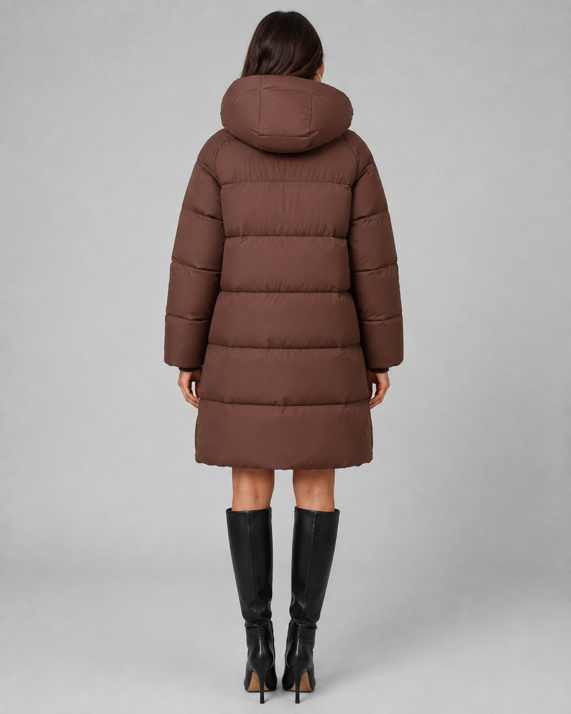 Long Hooded Quilted Puffer Coat - Knee-Length