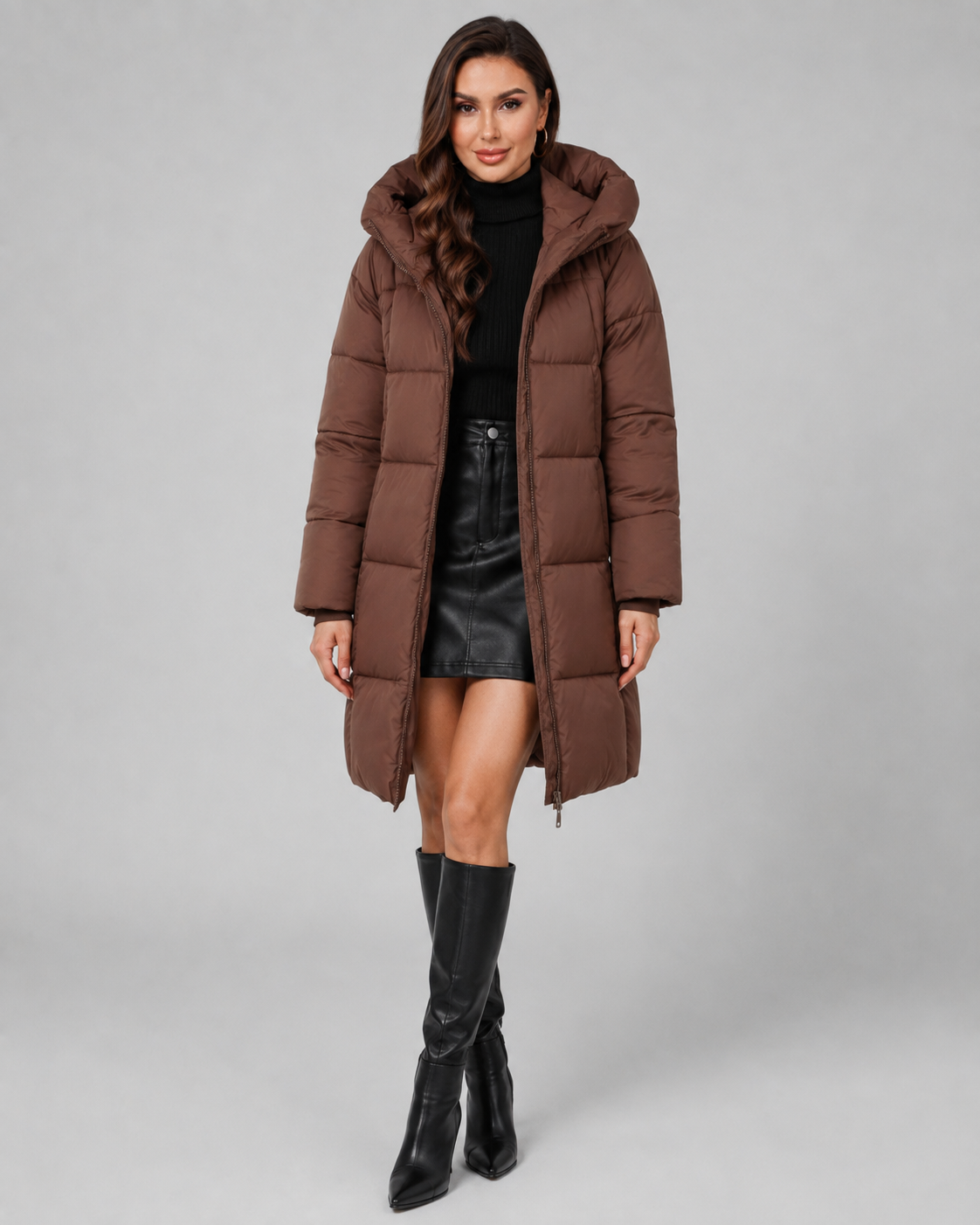 Long Hooded Quilted Puffer Coat - Knee-Length
