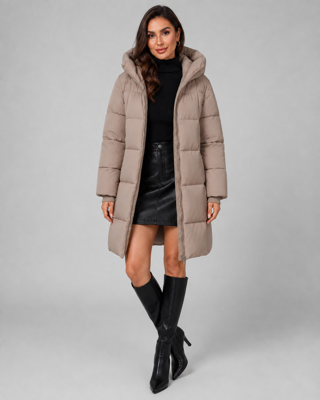 Long Hooded Quilted Puffer Coat - Knee-Length