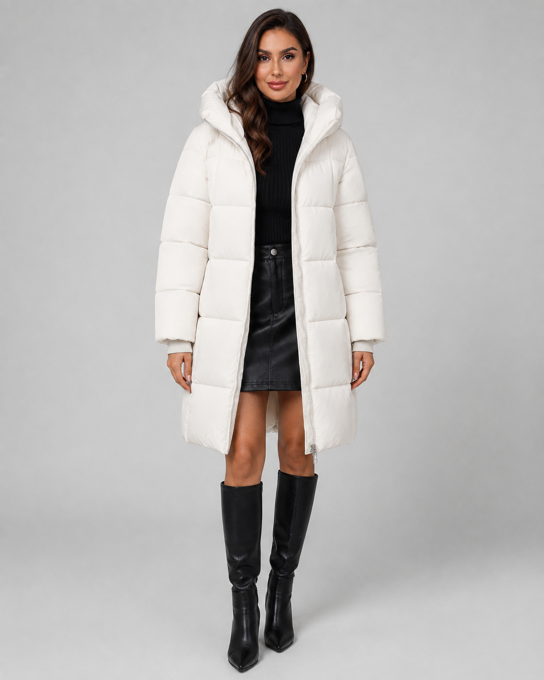 Long Hooded Quilted Puffer Coat - Knee-Length