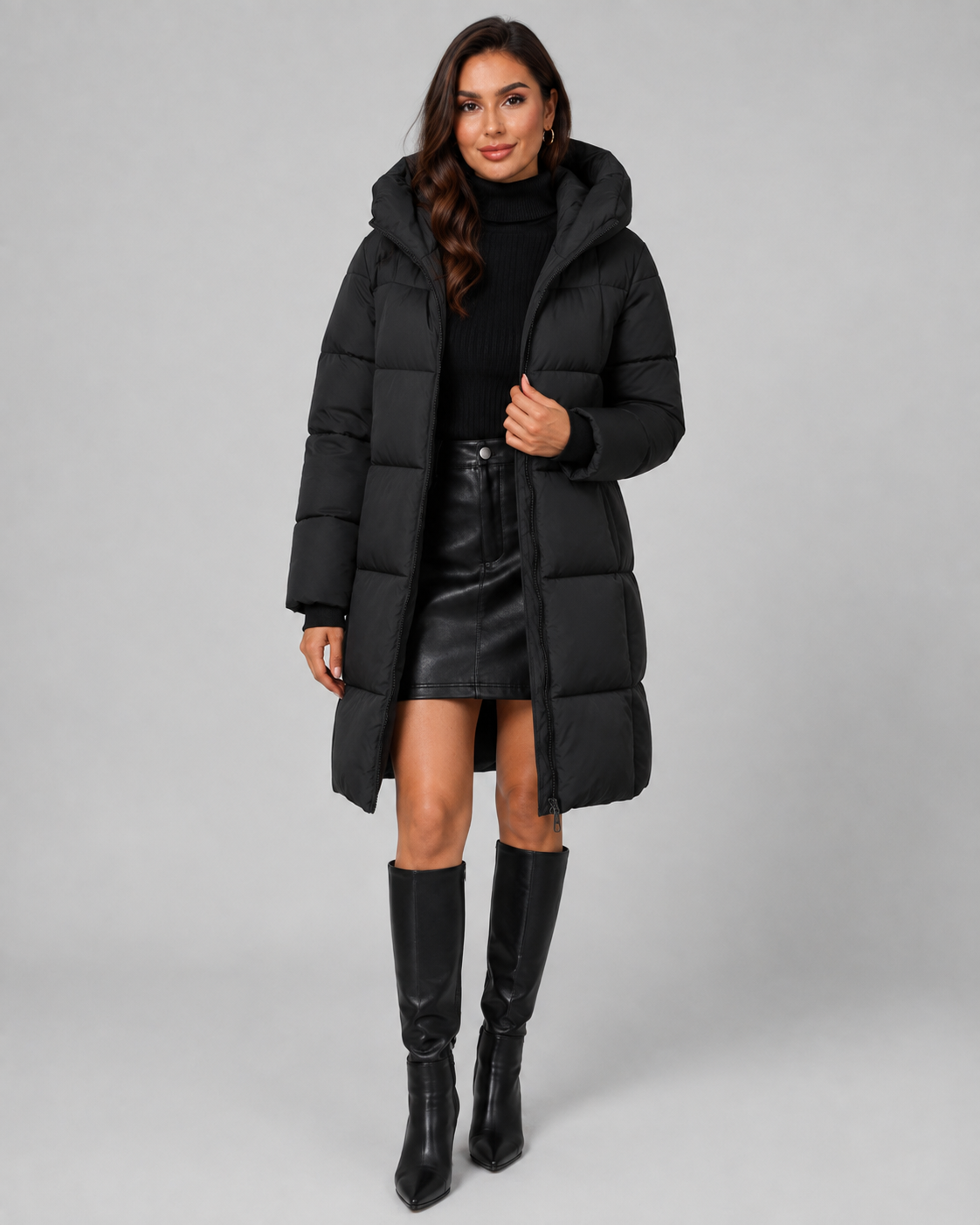 Long Hooded Quilted Puffer Coat - Knee-Length