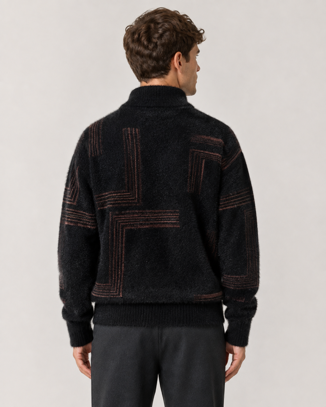 Men's Fluffy Knit Sweater - Geometric Funnel Neck Relaxed Fit