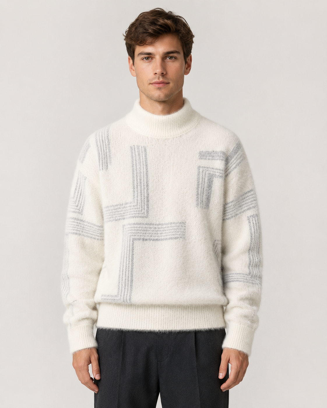 Men's Fluffy Knit Sweater - Geometric Funnel Neck Relaxed Fit