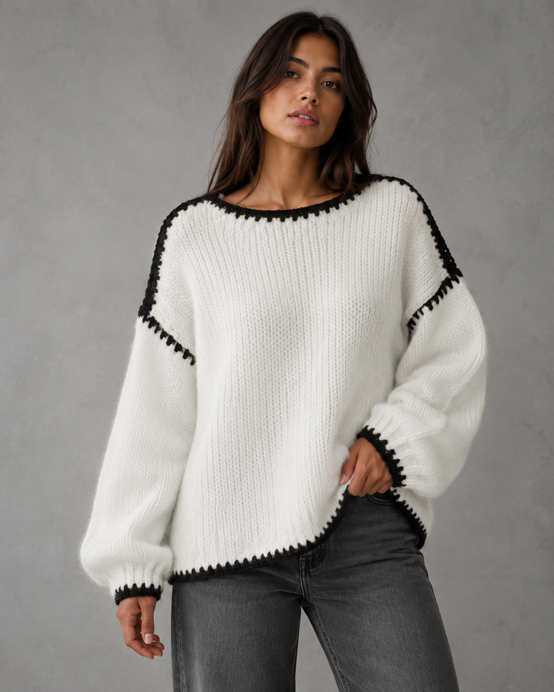 Women's Chunky Knit Sweater - Contrast Stitch Oversized Fit