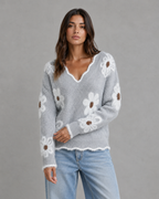 Women's Floral Knit V-Neck Sweater - Fuzzy Trim Relaxed Fit