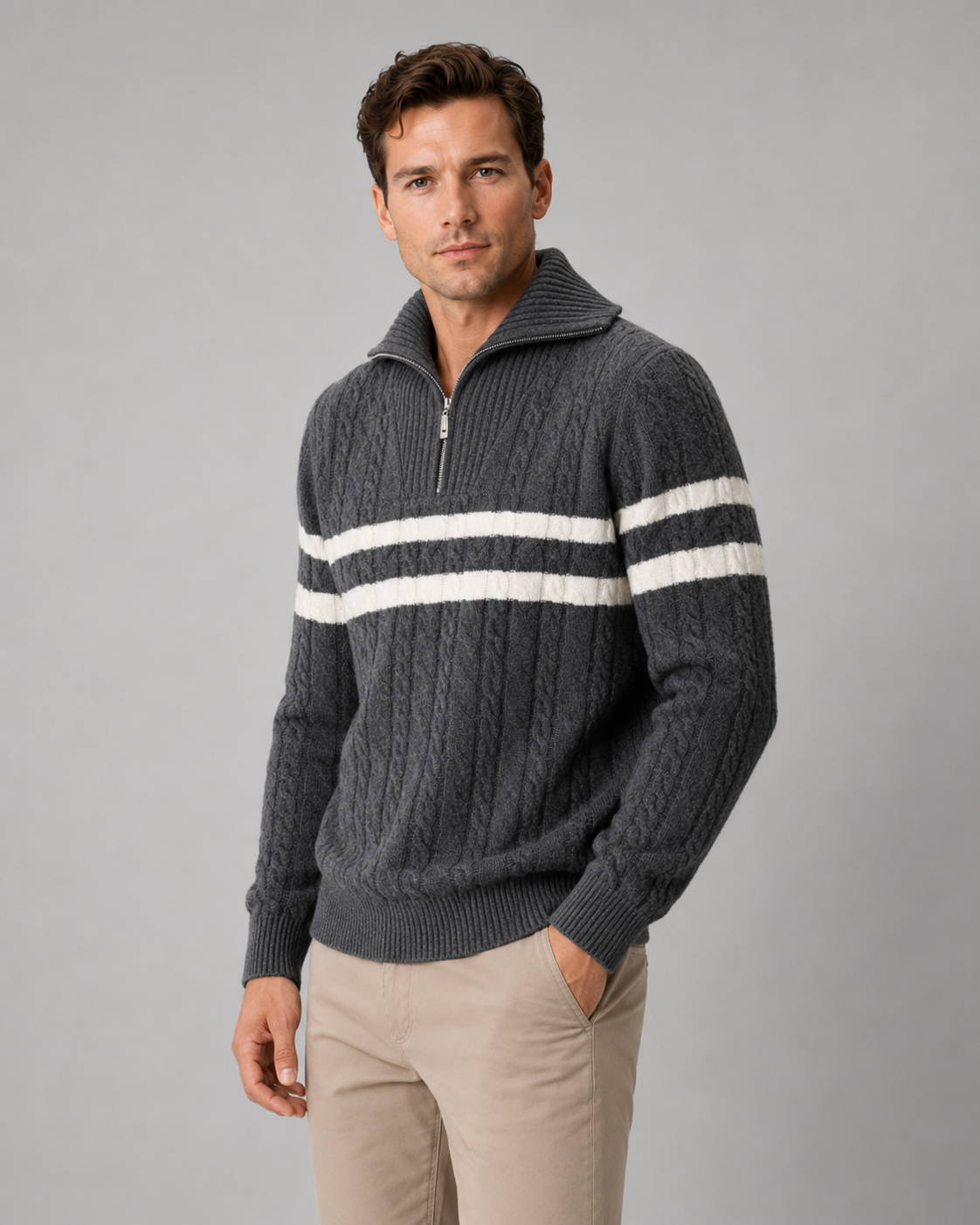Men's Cable Knit Quarter-Zip Sweater - Stripe Panel
