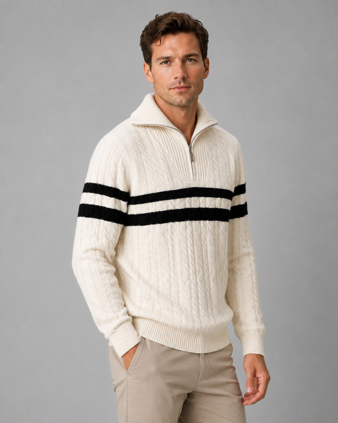 Men's Cable Knit Quarter-Zip Sweater - Stripe Panel