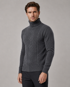 Men's Cable Knit Turtleneck Sweater - Ribbed Neck Slim Fit