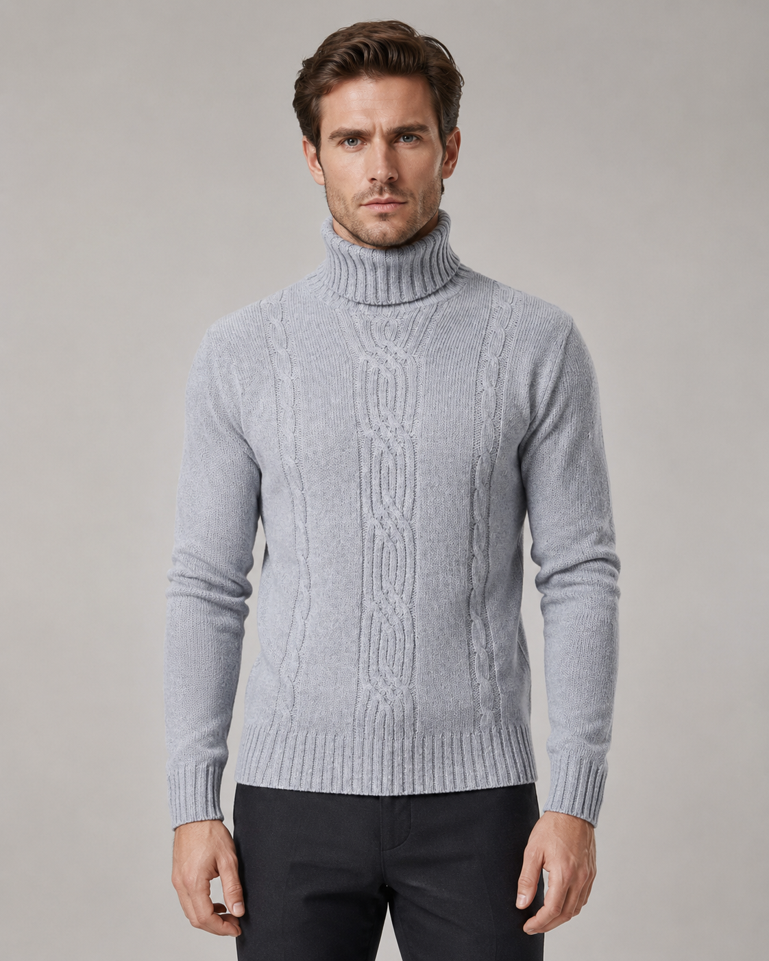 Men's Cable Knit Turtleneck Sweater - Ribbed Neck Slim Fit