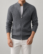 Men's Cable Knit Zip Cardigan with Stand Collar