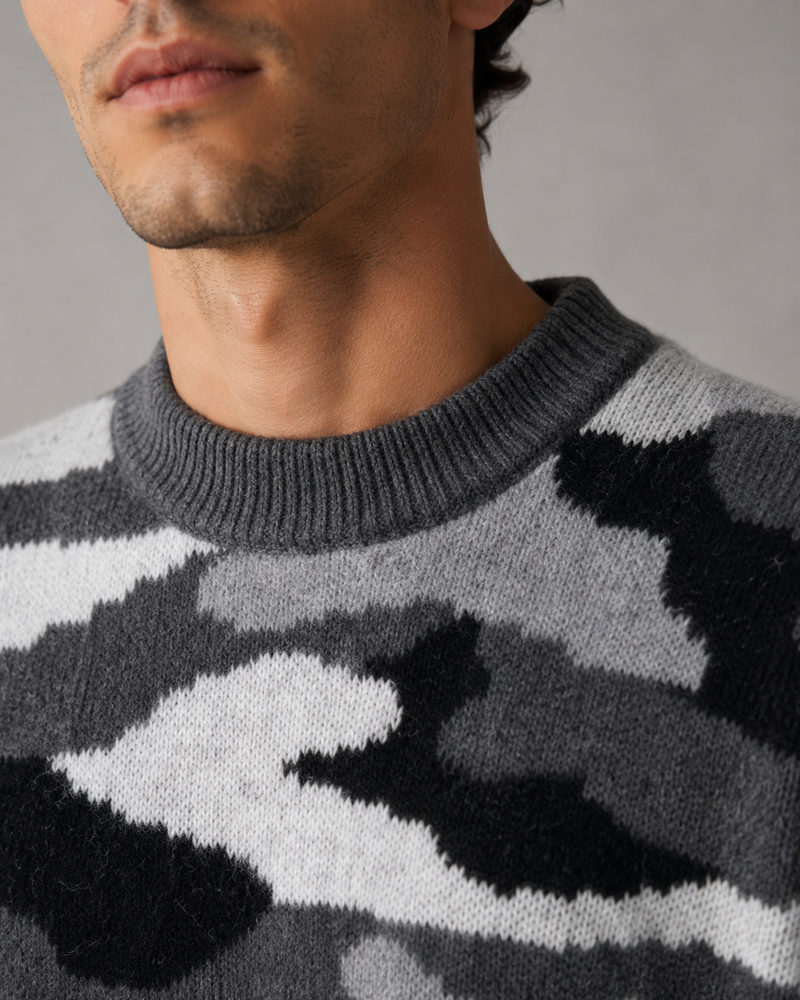 Men's Camo Knit Sweater - Relaxed Fit Crew Neck