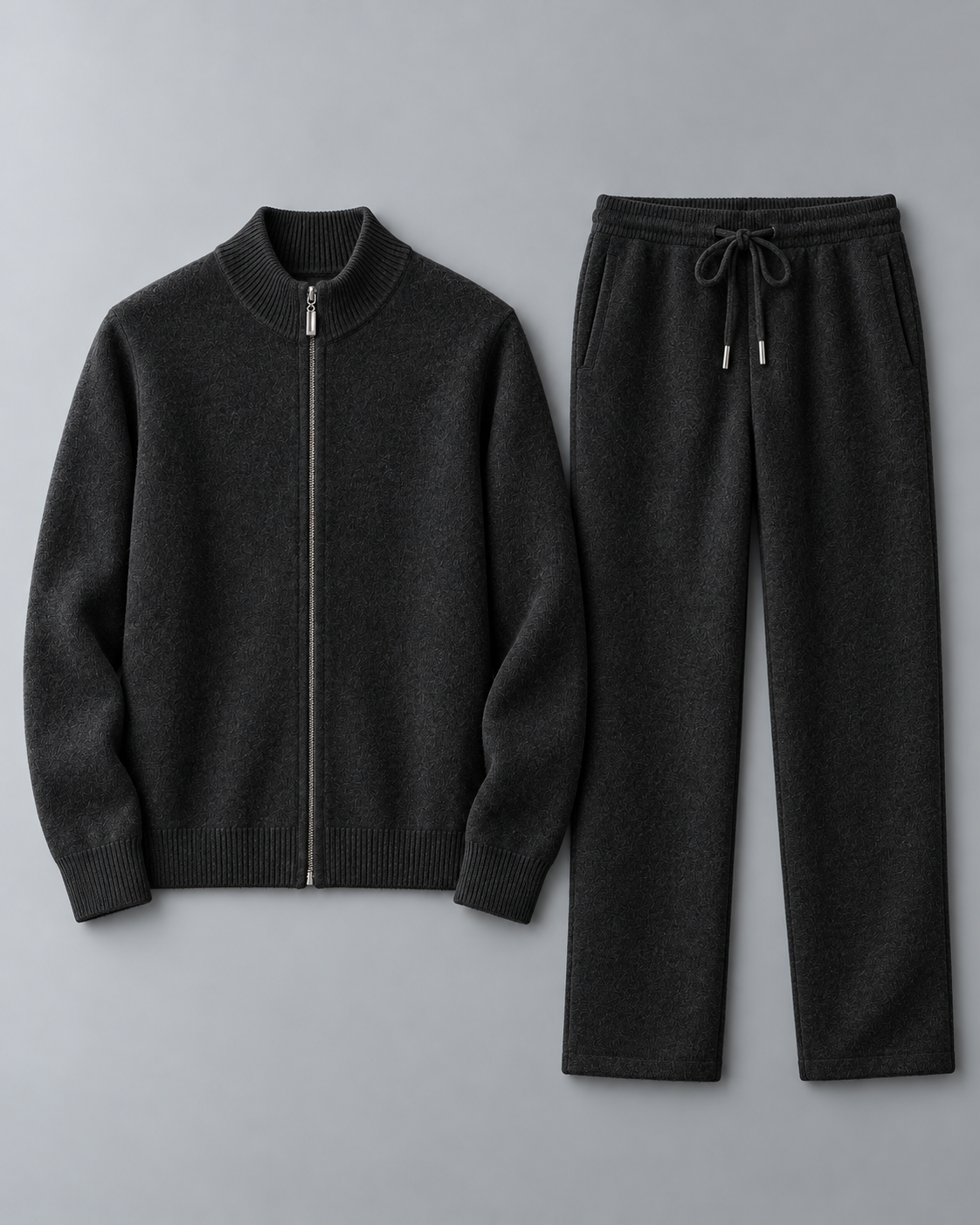 Men's Cardigan & Pants Set - Textured Knit Zip-Up Loungewear