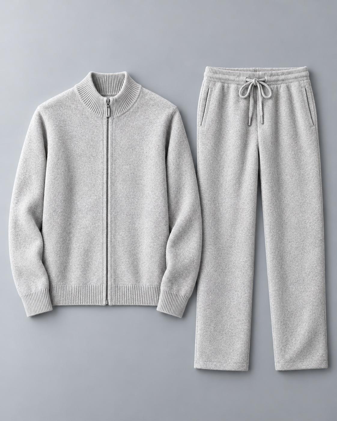 Men's Cardigan & Pants Set - Textured Knit Zip-Up Loungewear