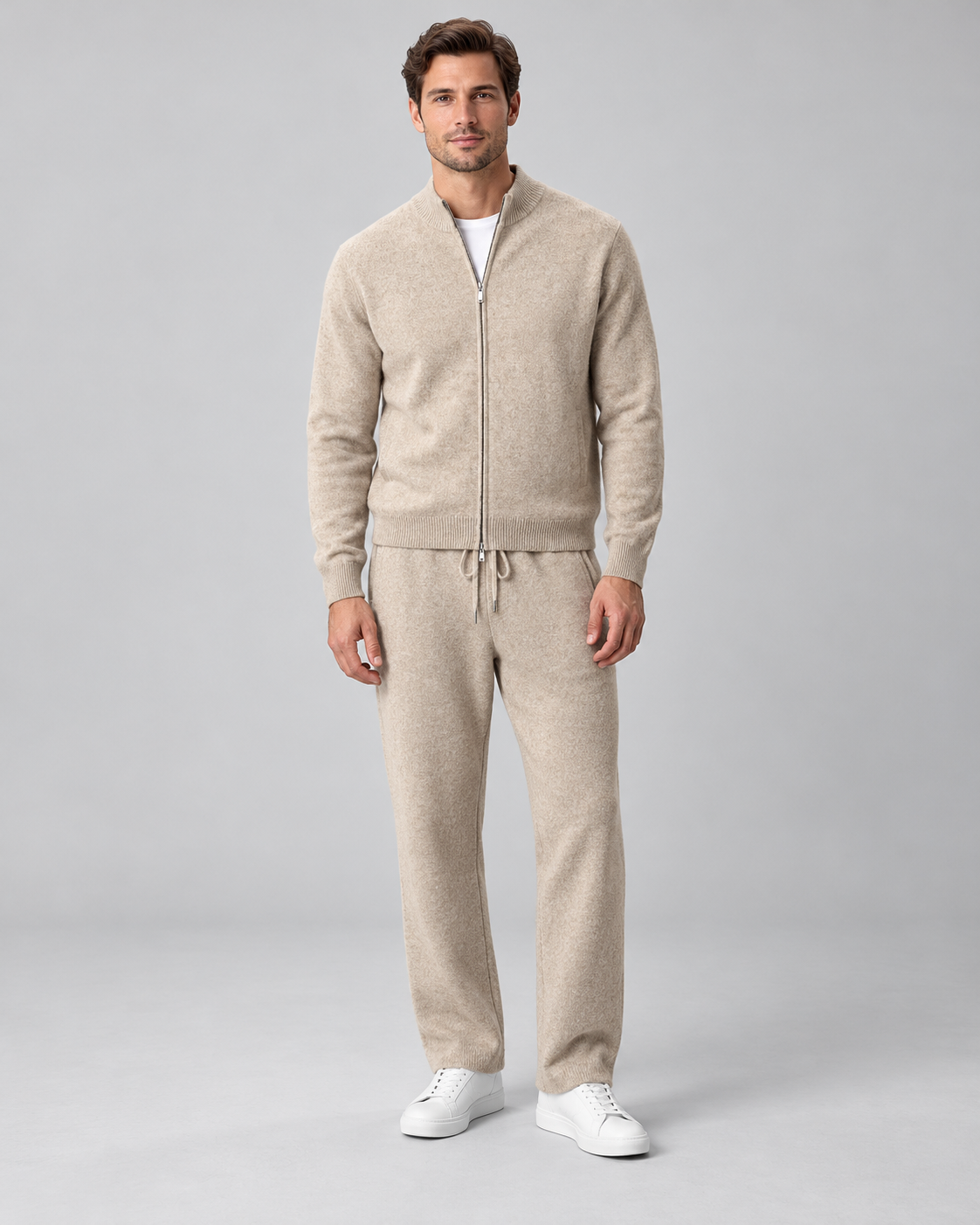Men's Cardigan & Pants Set - Textured Knit Zip-Up Loungewear