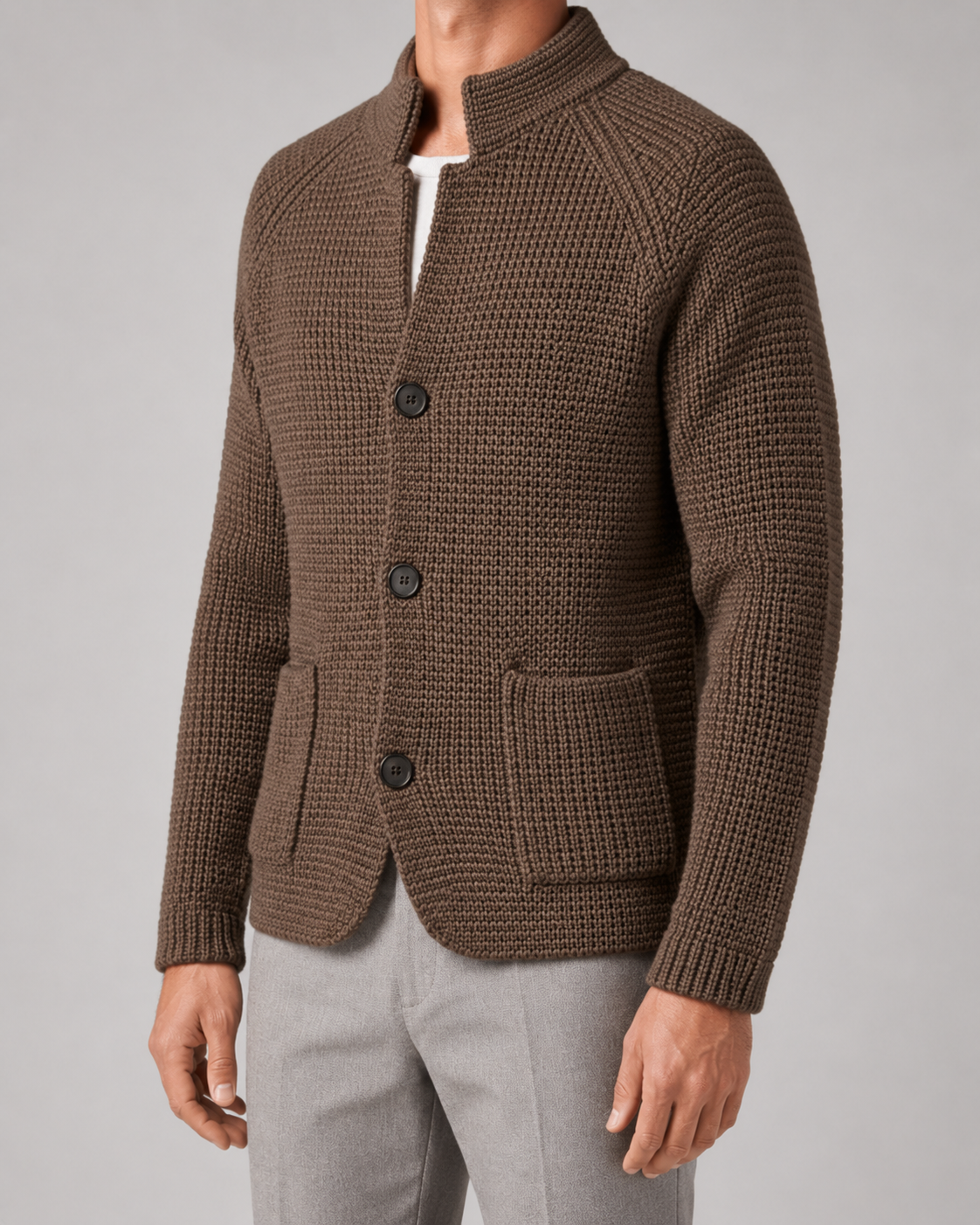 Men's Chunky Knit Cardigan with Stand Collar