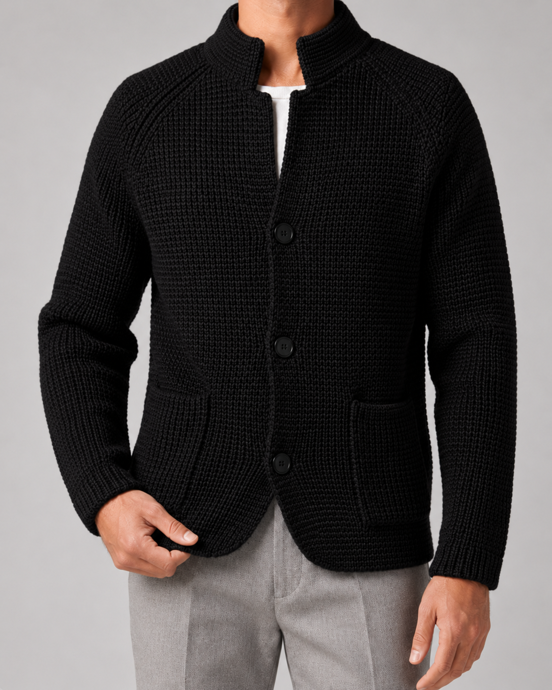 Men's Chunky Knit Cardigan with Stand Collar