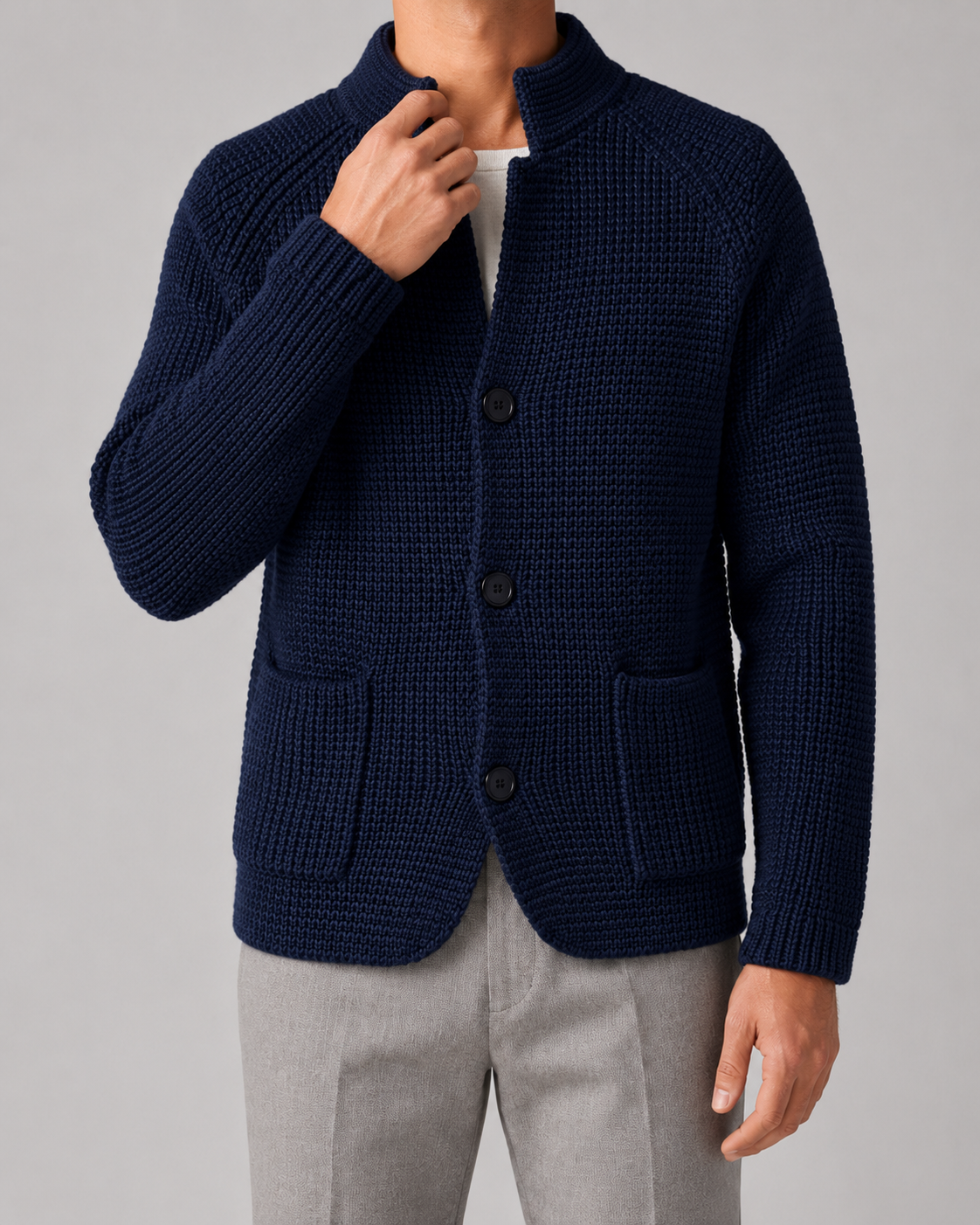 Men's Chunky Knit Cardigan with Stand Collar