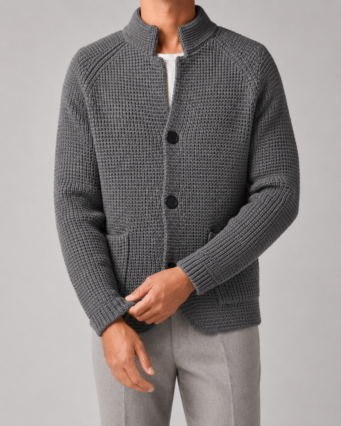 Men's Chunky Knit Cardigan with Stand Collar