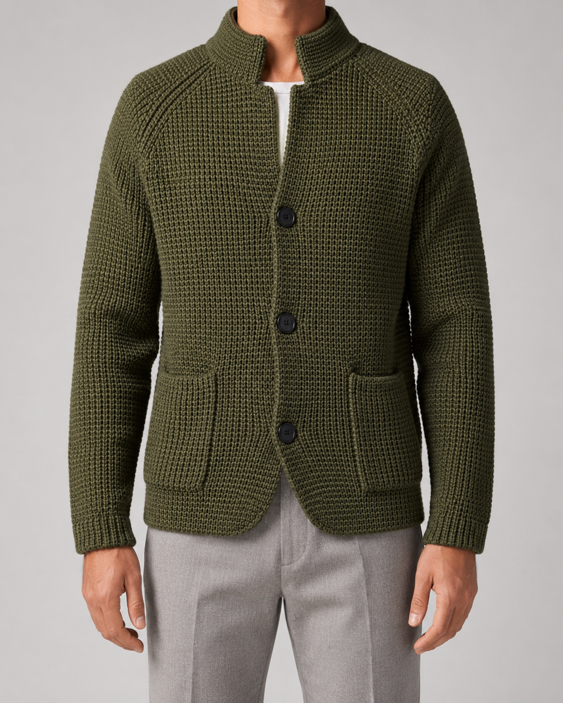 Men's Chunky Knit Cardigan with Stand Collar