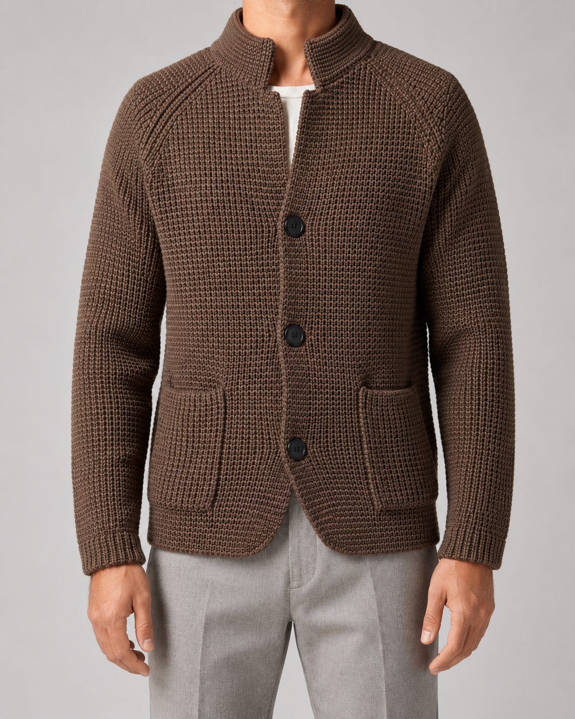 Men's Chunky Knit Cardigan with Stand Collar