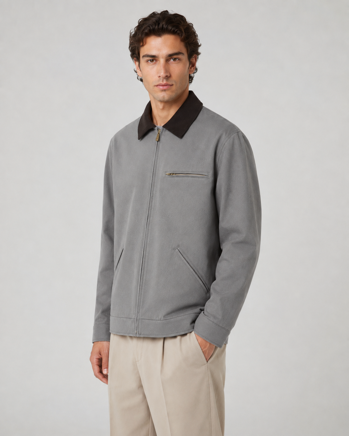 Men's Contrast Collar Barn Jacket Zip Front Workwear