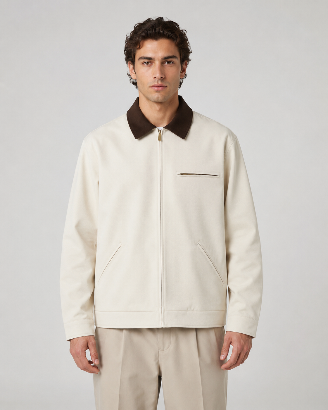 Men's Contrast Collar Barn Jacket Zip Front Workwear