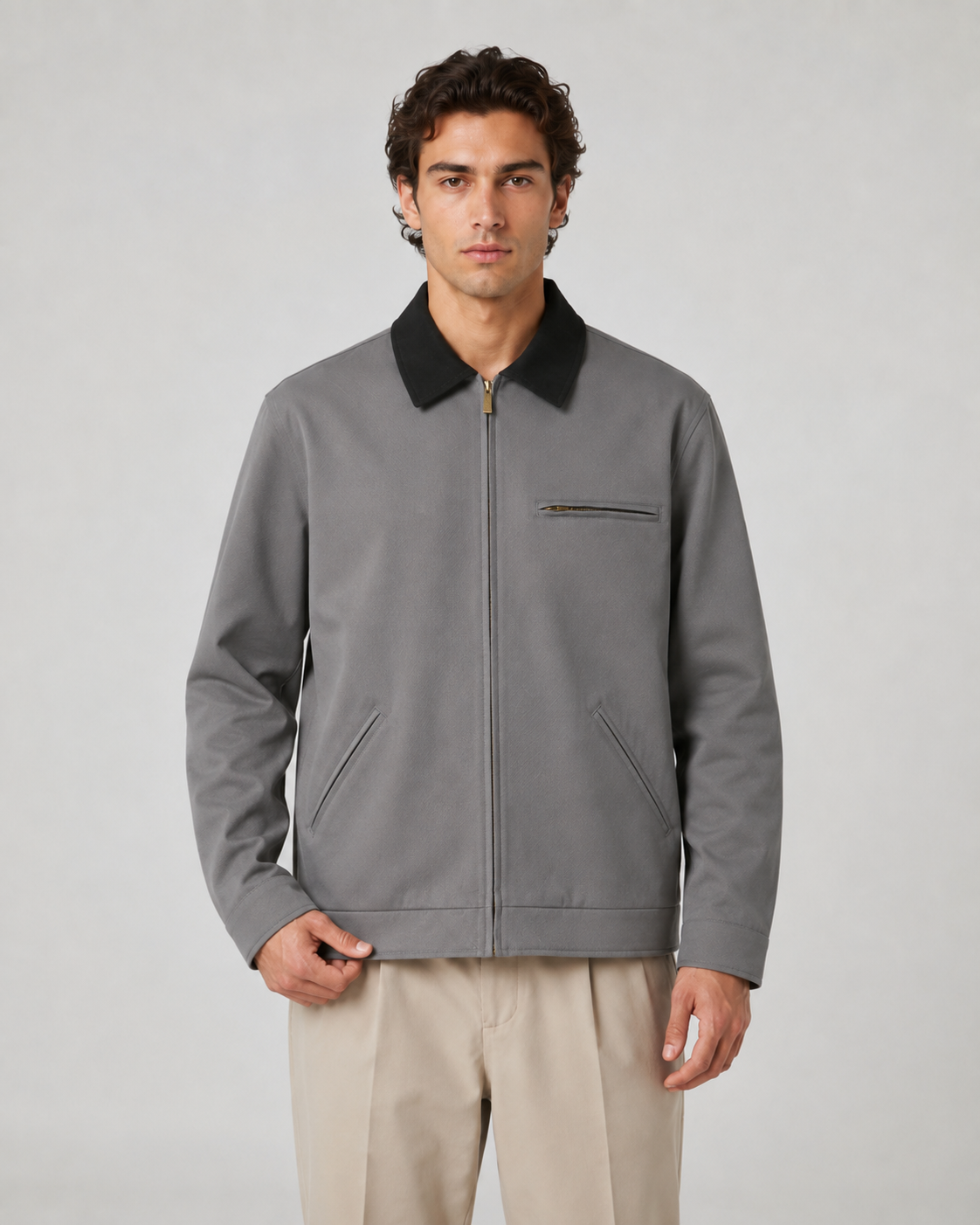 Men's Contrast Collar Barn Jacket Zip Front Workwear